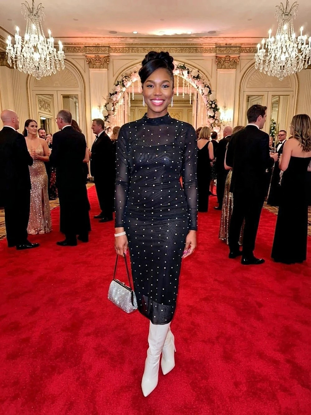 wild fable Long Sleeve Rhinestone Mesh Midi Dress Black & Multicolor